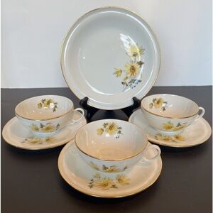 Limoges Three Teacups and Saucers, One Plate